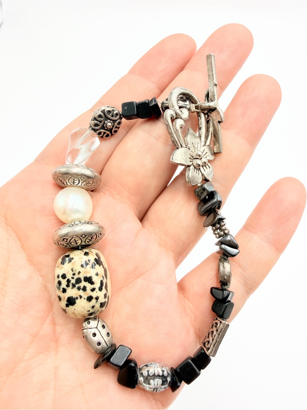 Vintage Gemstone Pearl Crystal Beaded Bracelet Floral Toggle Silver Tone